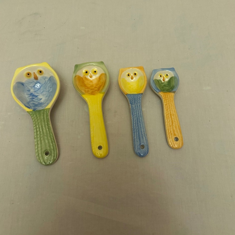 Ceramic Owl Measuring Spoons Set 4 Hand Painted Whimsical Kitchen Decor Multi